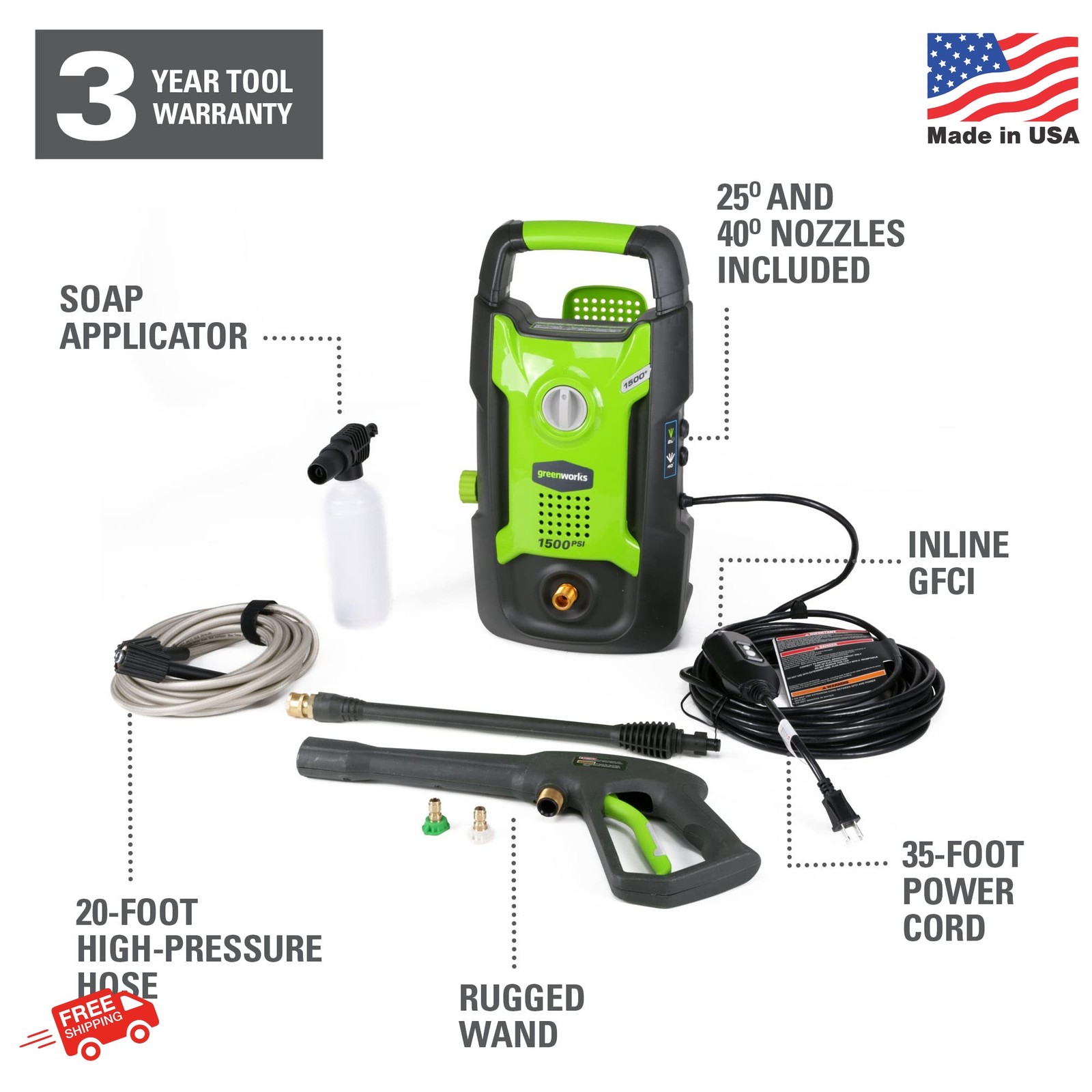 Greenworks 1500 PSI 1.2 GPM Pressure Washer (Upright Hand-Carry) PWMA Certified