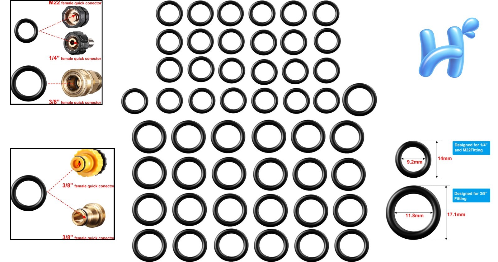 Durable 50-Piece O-Rings Replacement for 1/4 & 3/8 Pressure Washer Accessories