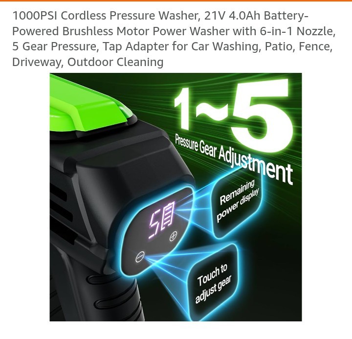 1000PSI Cordless Pressure Washer, 21V 4.0Ah Battery-Powered Brushless Motor Powe