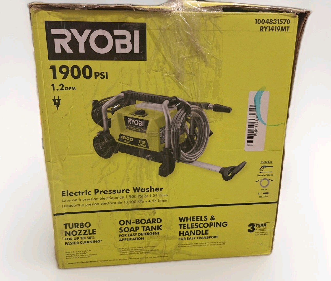 ​Ryobi 1900 PSI 1.2 GPM Electric Pressure Washer (RY1419MT) – Open Box, Unused!