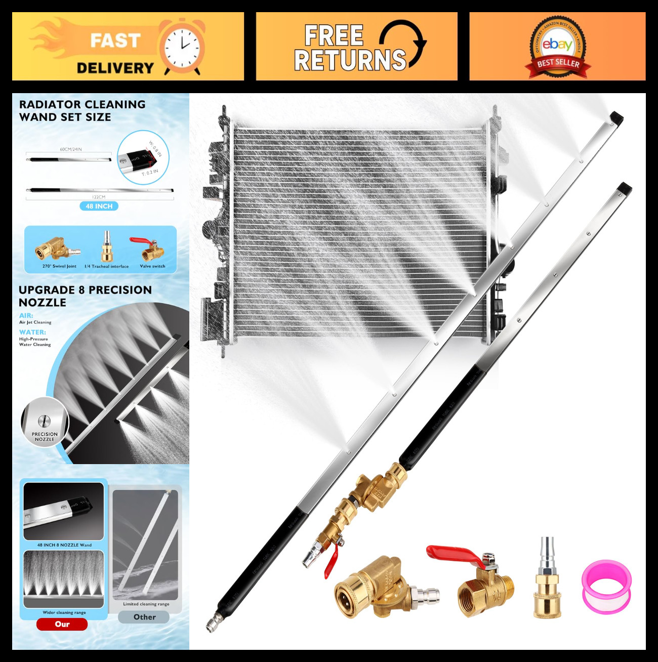 Radiator Cleaning Wand Set 48″ & 24″ with 8 Nozzle Tips – Pressure Washer Adapte