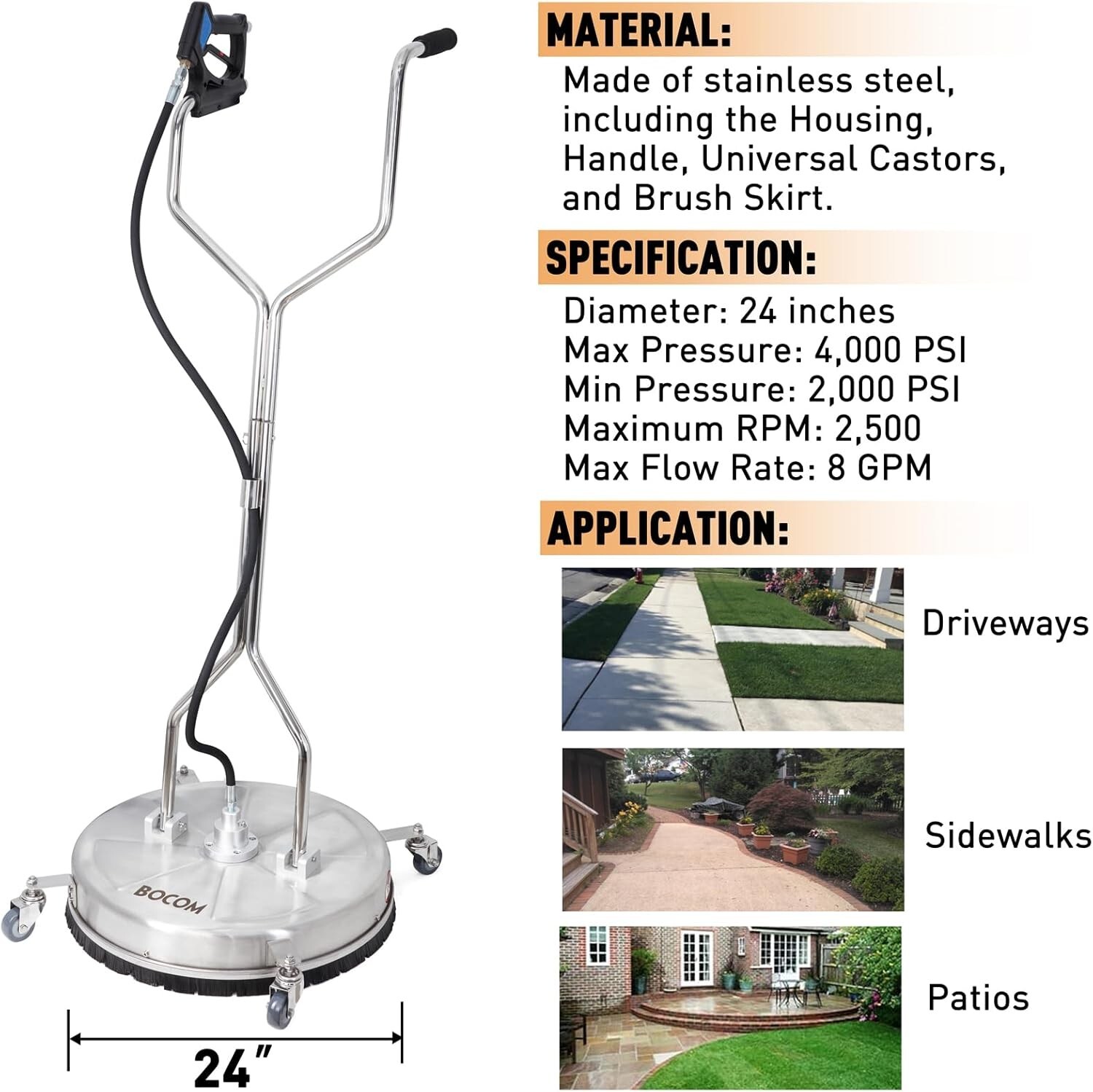 BOCOM 24-Inch Stainless Steel Pressure Washer Surface Cleaner – 4000 PSI Power