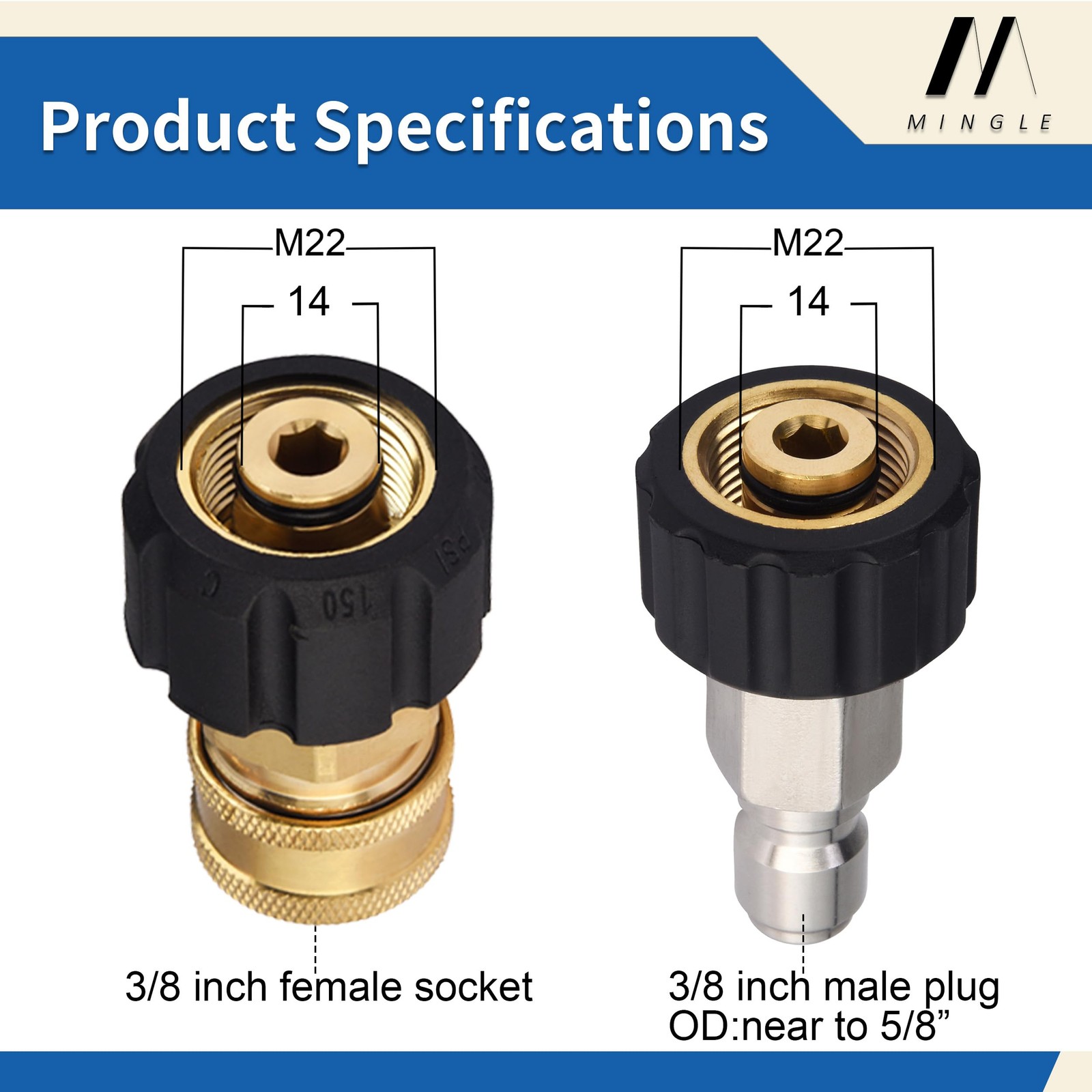 Pressure Washer Hose Adapter Set, M22 14mm to 3/8” QC, 5000 PSI