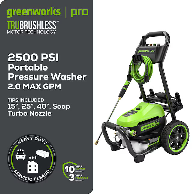 Greenworks 2500-PSI 2-GPM Cold Water Electric Pressure washer with 5 Spray Tips