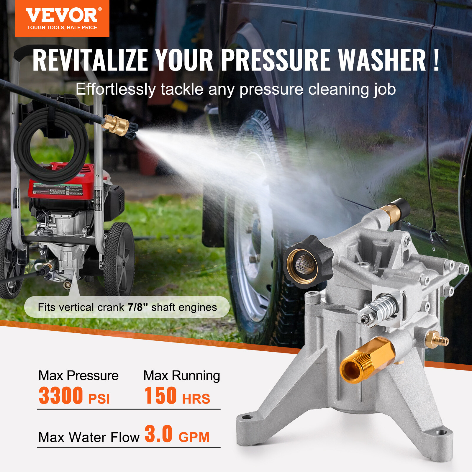 Pressure Washer Pump 7/8″ Shaft Vertical 3300 PSI 3.0GPM with 5 Nozzles