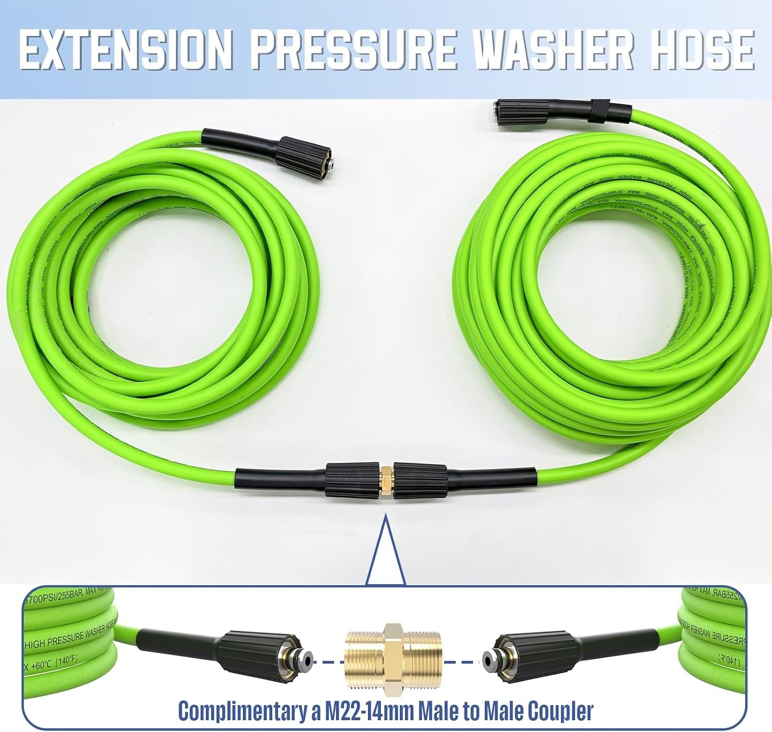 Super Flexible 25 FT Pressure Washer Hose, 3700 PSI with M22-14mm Brass Fittings