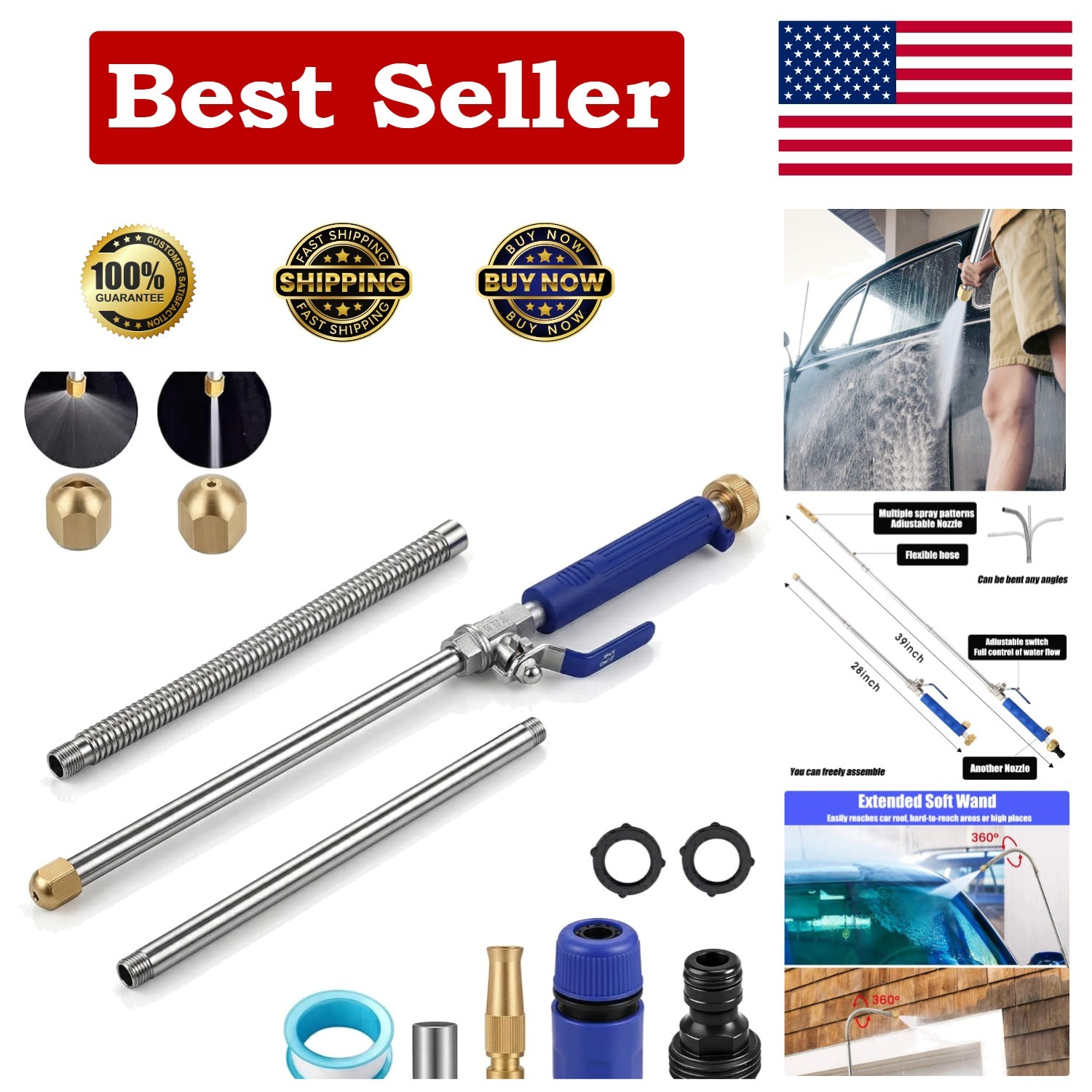 High Pressure Cleaning Wand with Quick Connect Nozzle – Stainless Steel 39 Inch