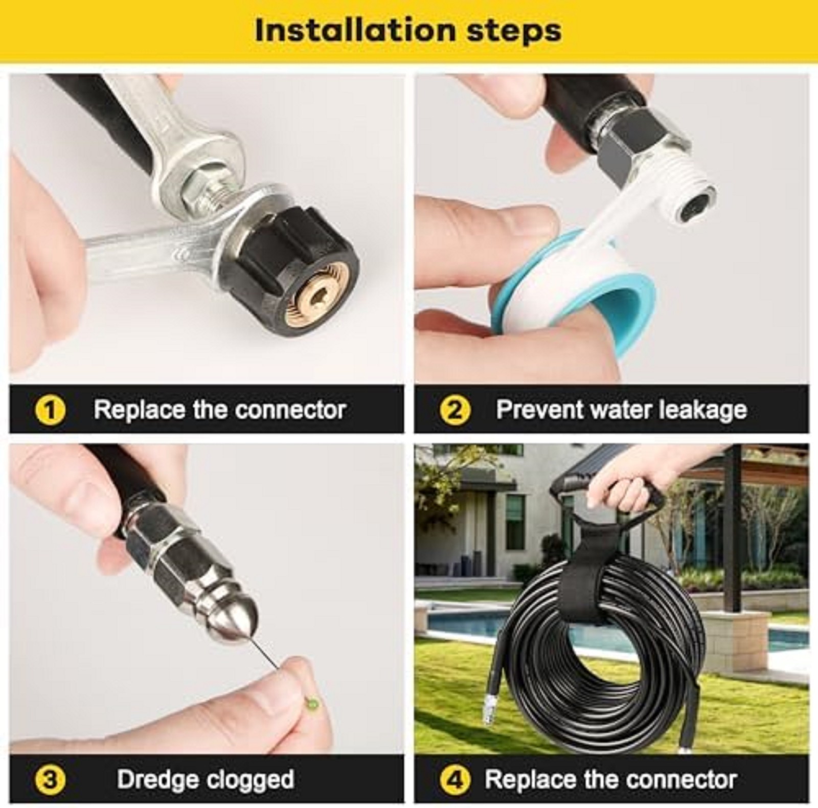 Pressure Washer Sewer Jetter Kit 100Ft 1/4 Inch NPT Hose Nozzles and Adapter
