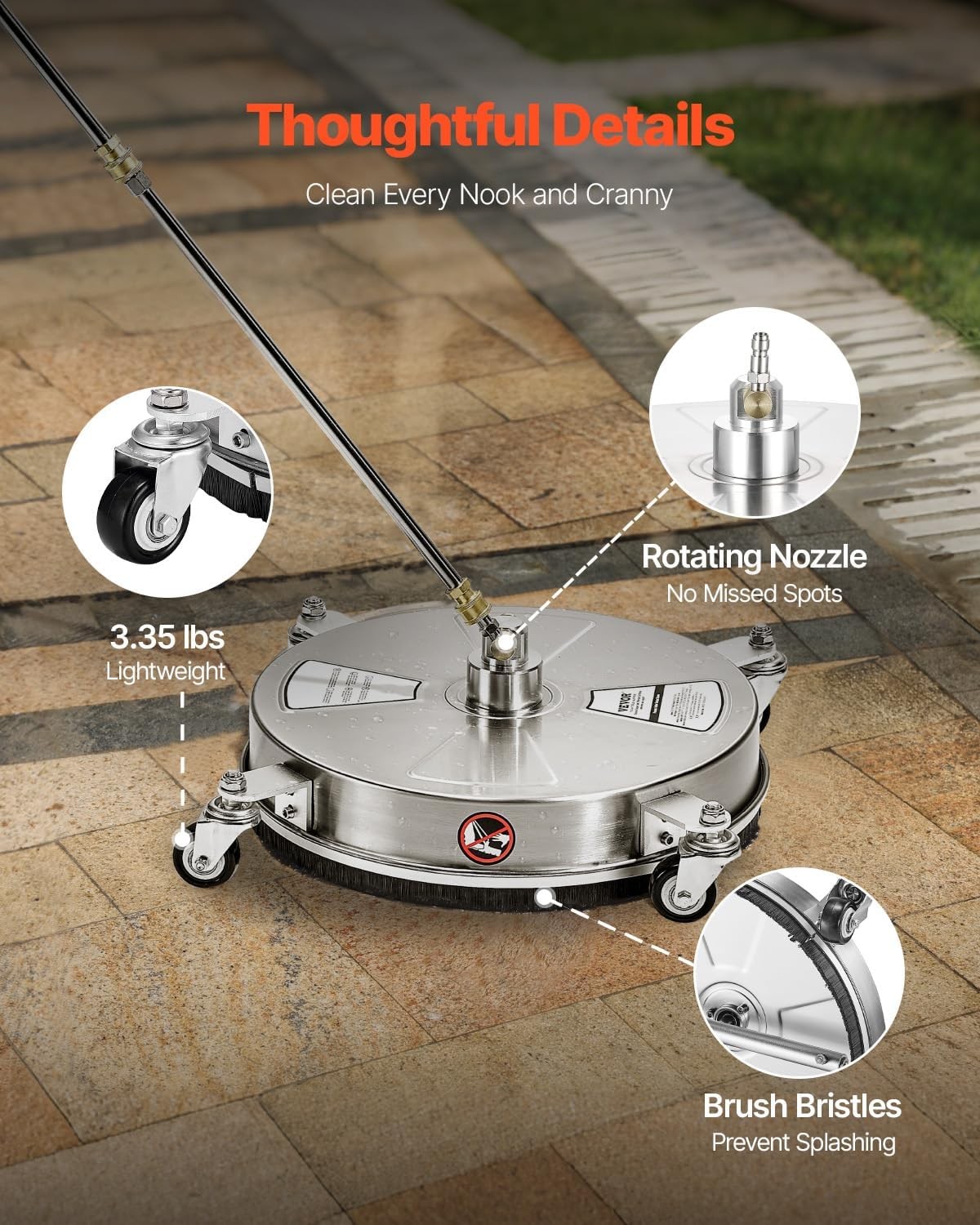15″ Pressure Washer Surface Cleaner 4000PSI Stainless Steel with 2 Wands