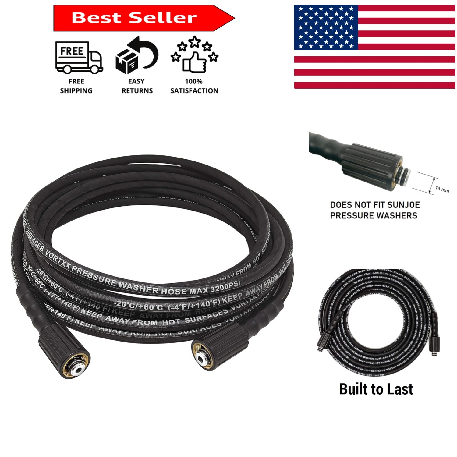 30FT Heavy-Duty Pressure Washer Hose with Steel Braided Design – 3200 PSI