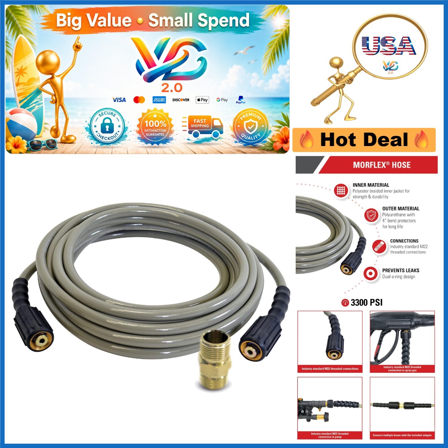 MorFlex 25ft Pressure Washer Hose 3300 PSI M22 Cold Water Kink Resistant