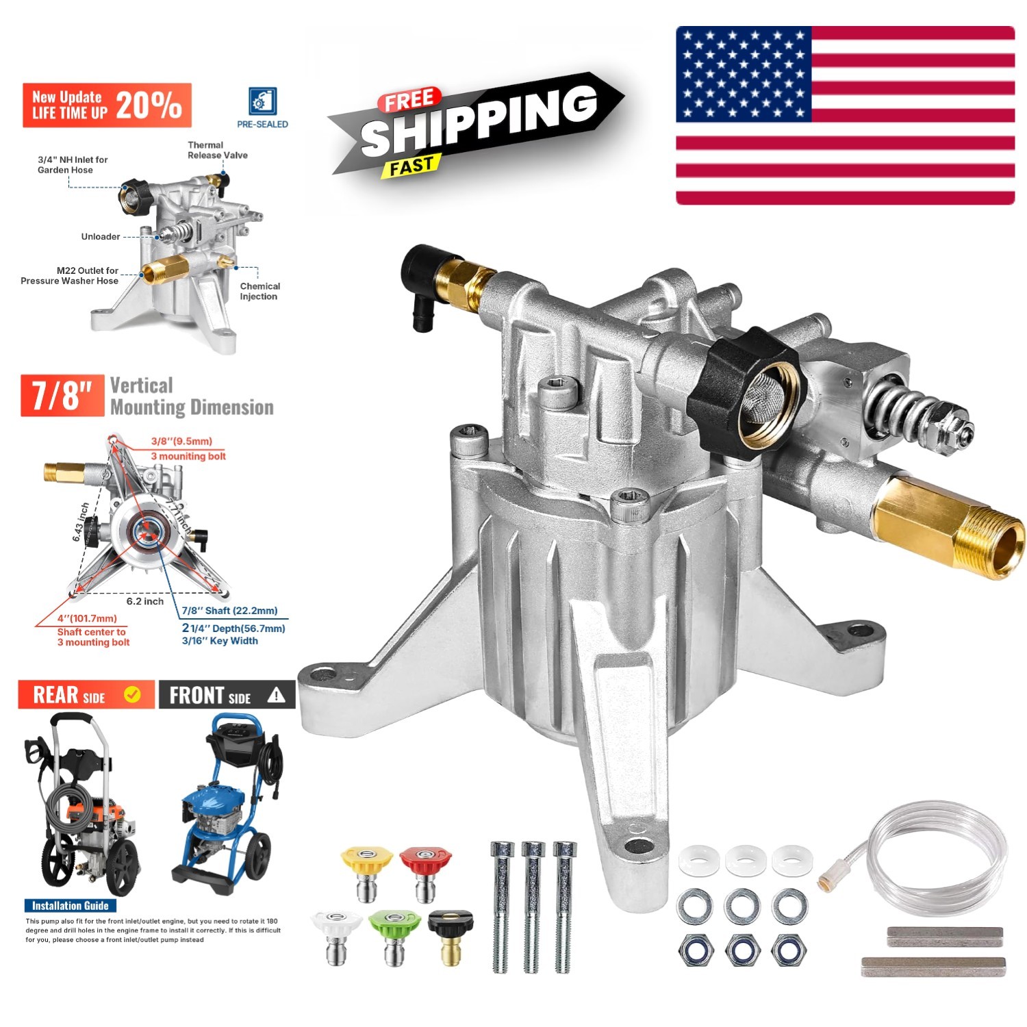 Durable 3000 PSI Pressure Washer Pump 7 8 Inch Shaft Replacement for Honda Ryobi