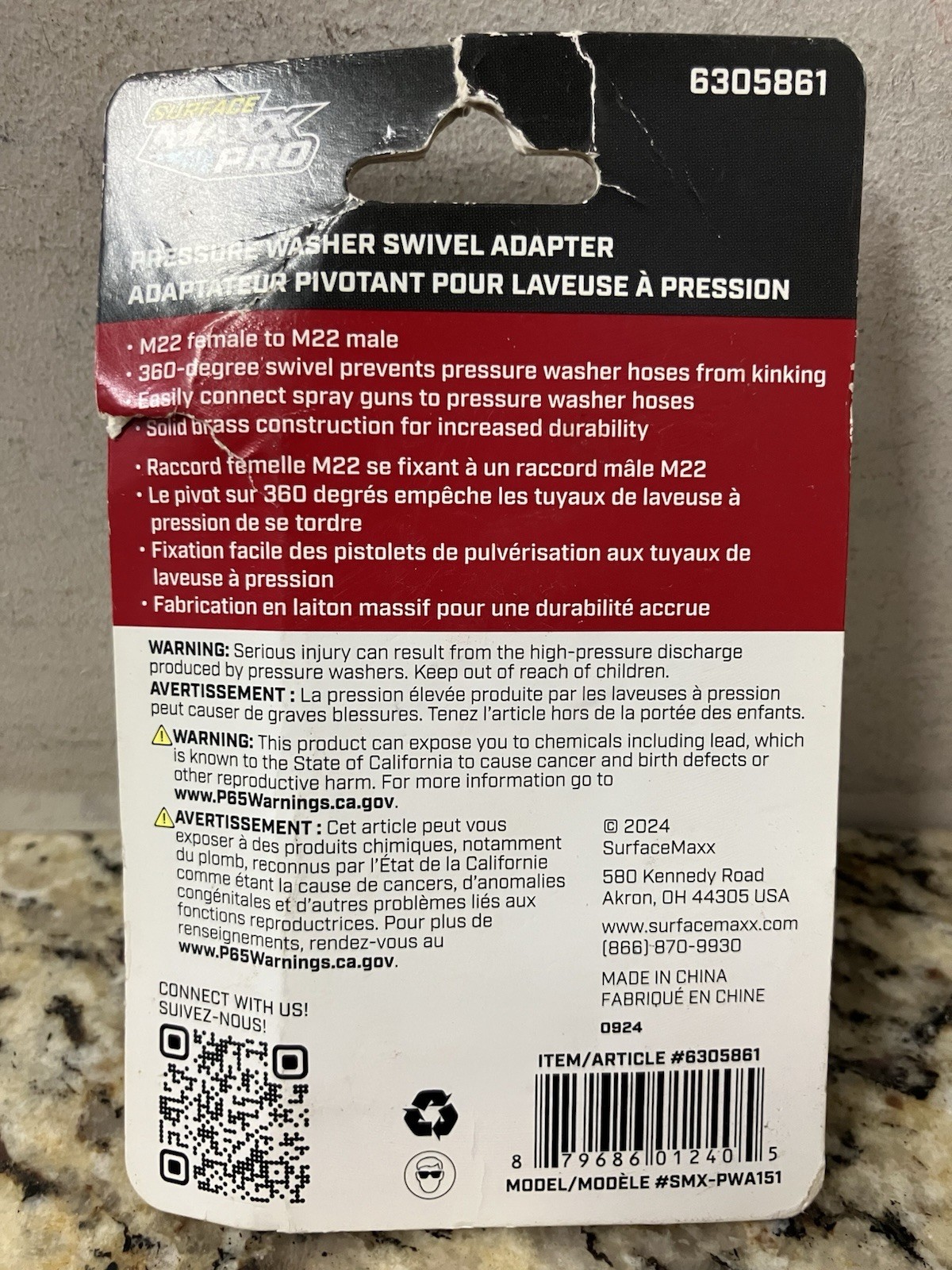 Surface Maxx Pro Pressure Washer Swivel Adapter 5000 Max Psi M22 Threaded