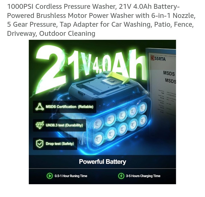 1000PSI Cordless Pressure Washer, 21V 4.0Ah Battery-Powered Brushless Motor Powe