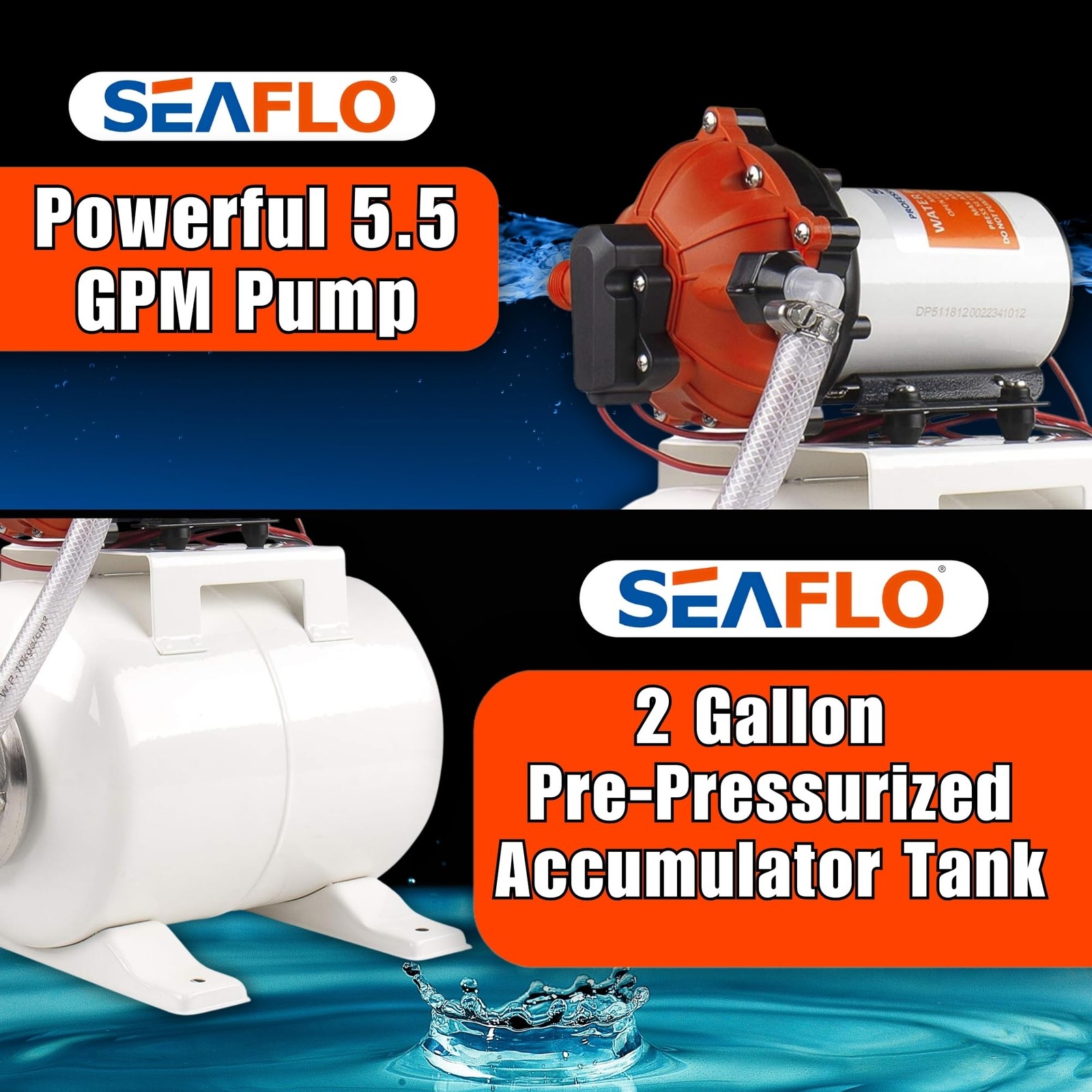 SEAFLO Marine Water Pump 12 V DC 60 PSI 5.5 GPM 2 Gallon Accumulator Tank Sys…