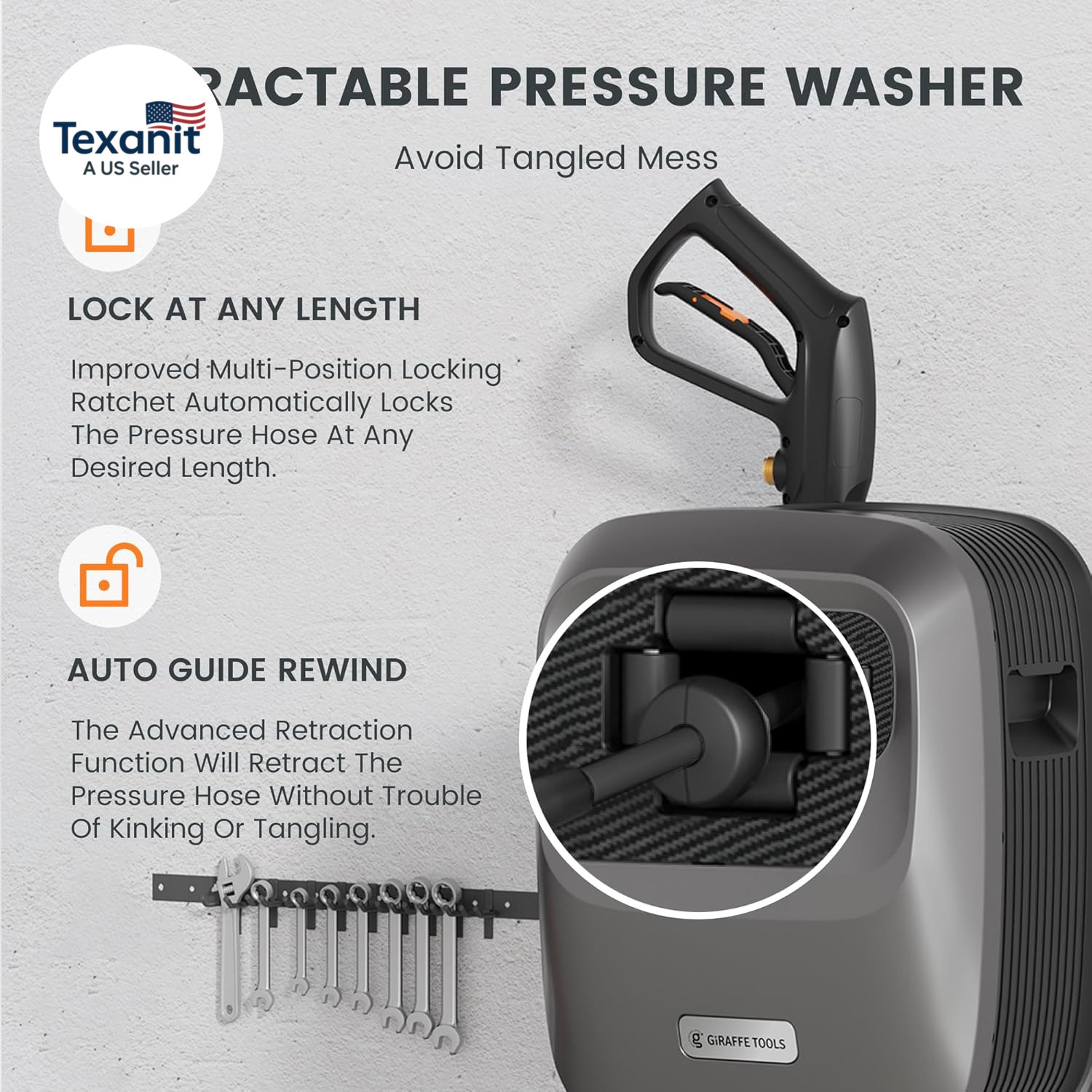 Grandfalls Retractable Pressure Washer G20B, 2500 PSI 2.2 GPM, Wall Mounted Powe