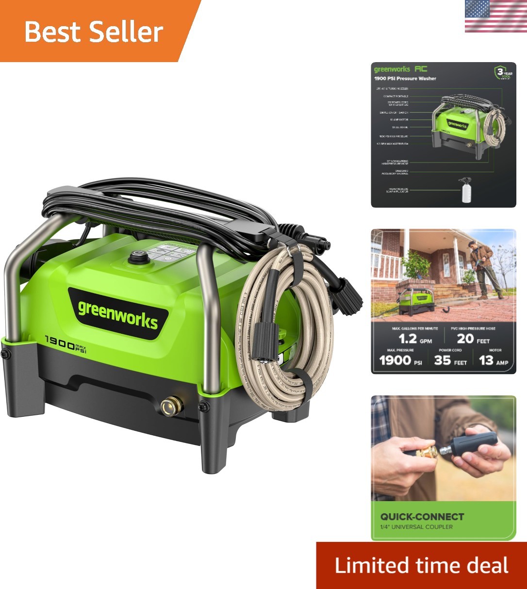 Lightweight 1900 PSI Compact Pressure Washer with Turbo Nozzle & 3-