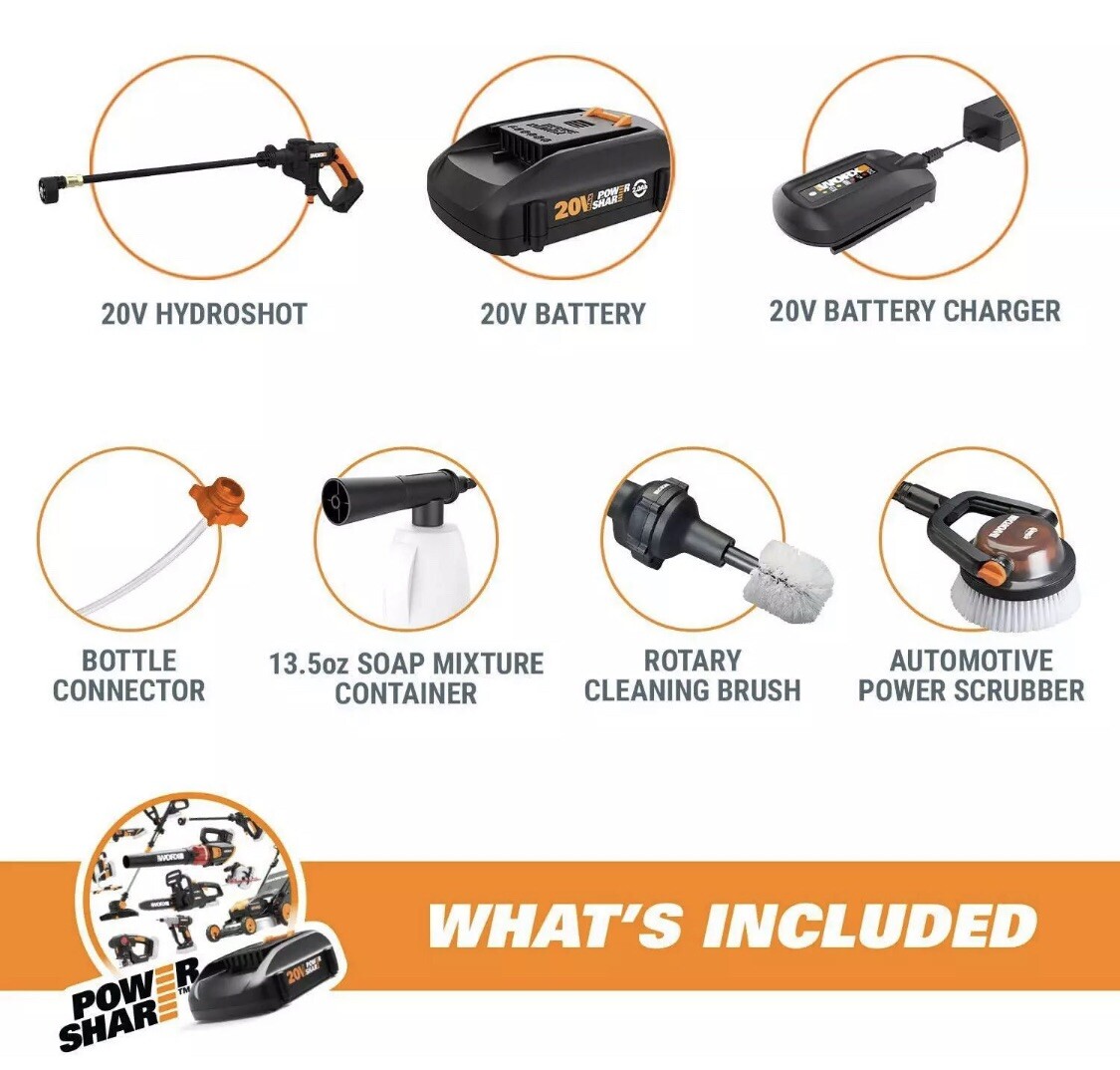 WORX Hydroshot 320psi 20V Cordless Portable Power Cleaner w/ Accessories For Car