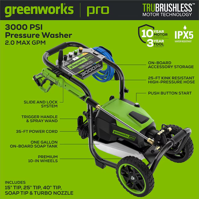 Greenworks 3000-PSI 2.0-GPM Cold Water Electric Pressure Washer GPW3000 – New