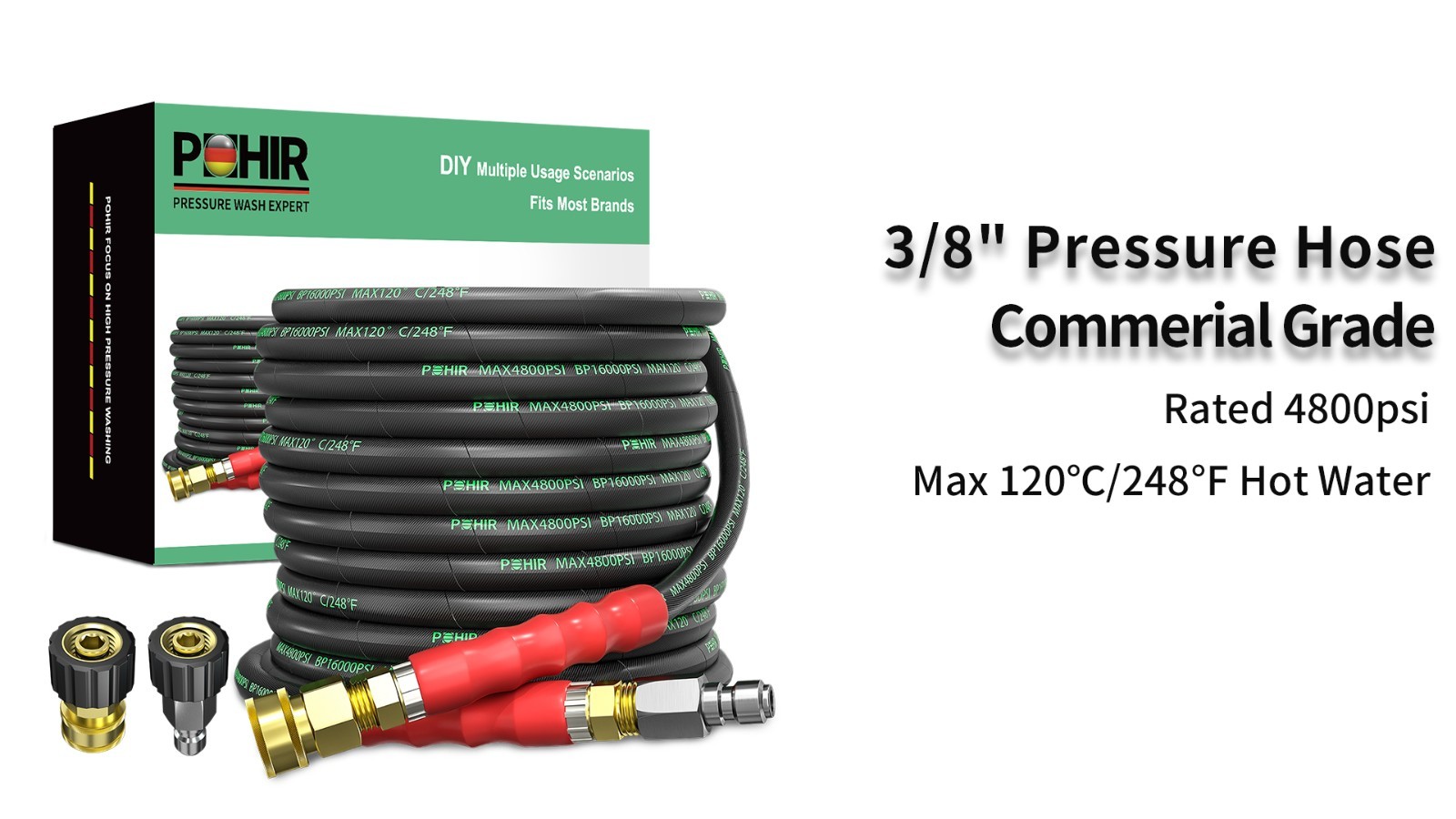Pressure Washer Hose 100 ft 3/8 Inch Hot Cold Water 4800 PSI Quick Connect