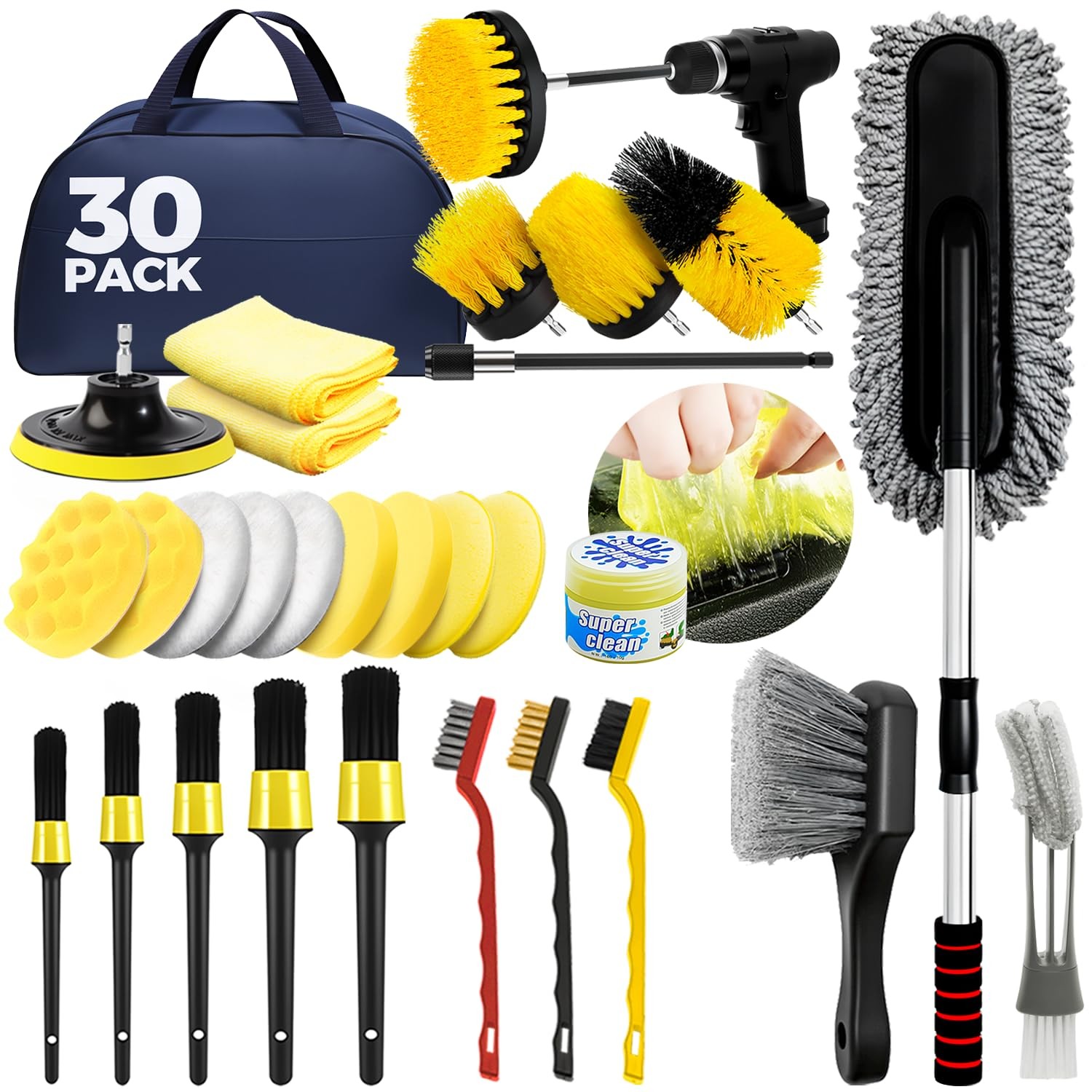 ALFLOD 30Pcs Car Detailing Kit, Brush Set, Wash Yellow