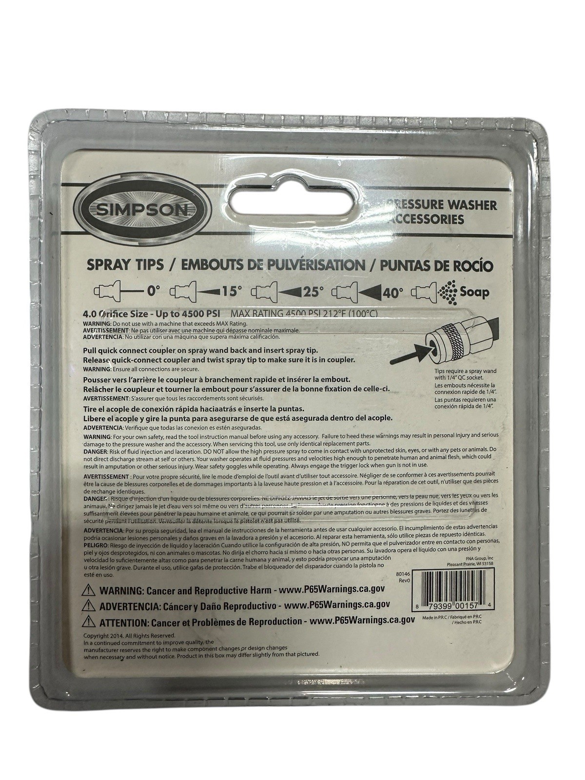 Simpson 80146 Pressure Washer Nozzle Spray Tips Up to 4500 PSI, Quick Connect