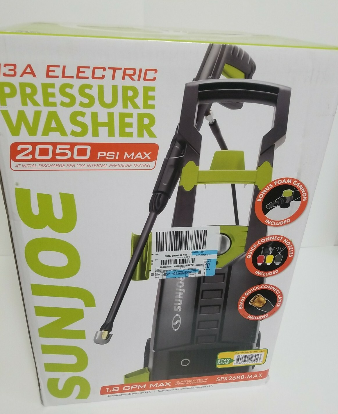 New SUN JOE Electric Pressure Washer SPX2688-MAX 13-Amp 2050 PSI MAX 1.8 GPM