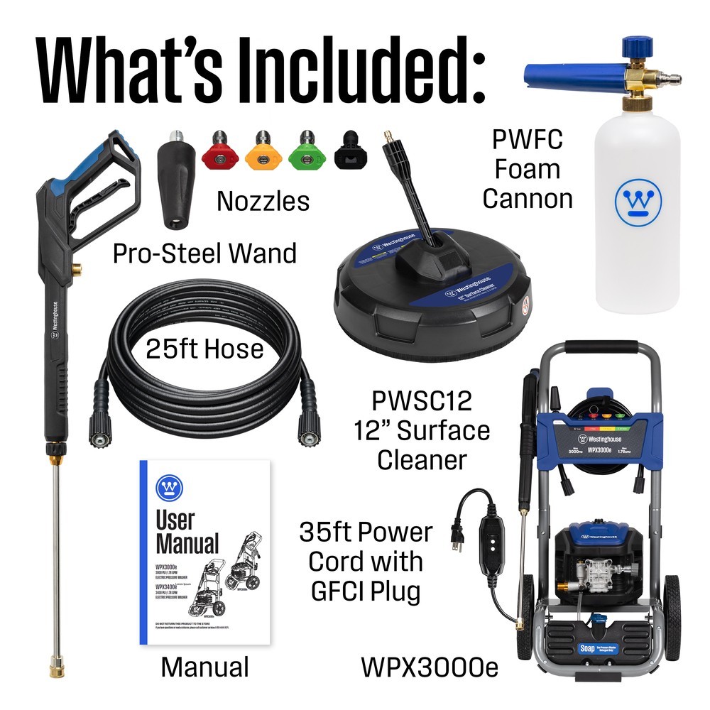 3000 Max PSI 1.76 Max GPM 13 Amp Corded Electric Pressure Washer Kit Cleaner