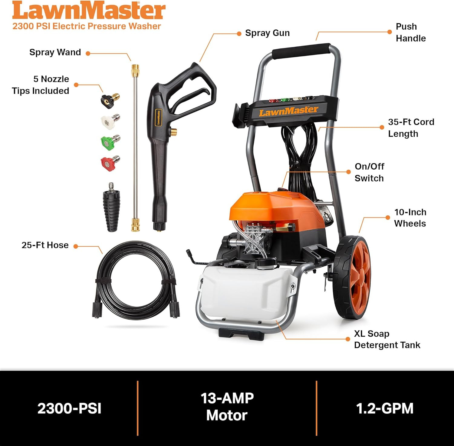 LT2100B Electric Pressure Washer 2300 PSI MAX 13 Amp 1.2 GPM CSA Certified with