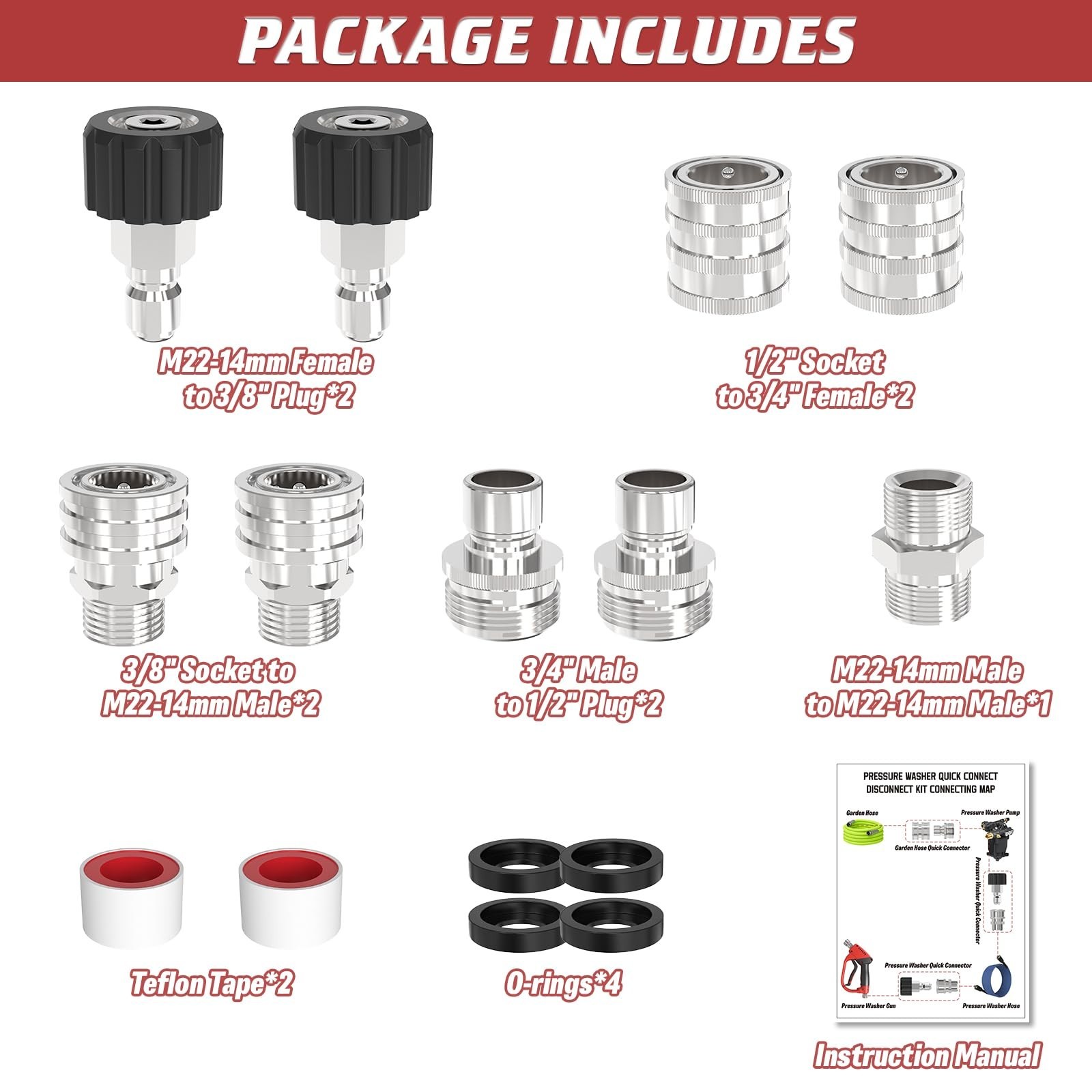 3/8″ Pressure Washer Quick Connect Kit, M22 Swivel Fitting & Adapter Set, 9 Pcs