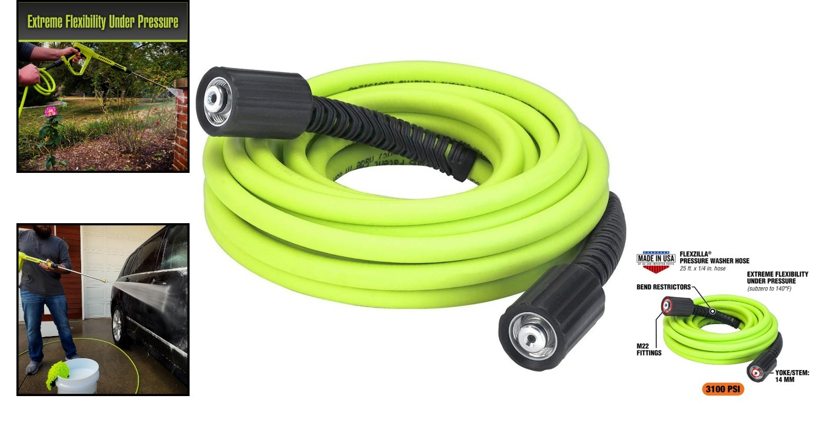Revolutionary Flexzilla Pressure Washer Hose 1/4″ x 25ft, Ultra-Flexible Design