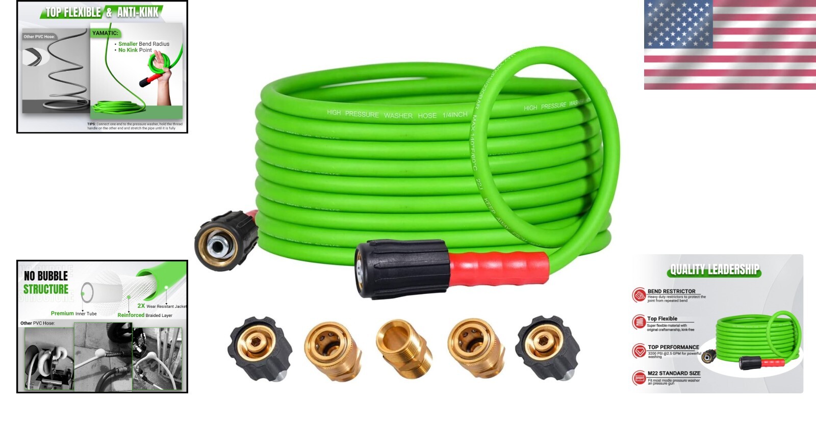25FT Heavy-Duty Kink Resistant Pressure Washer Hose with Quick Connect Adapters