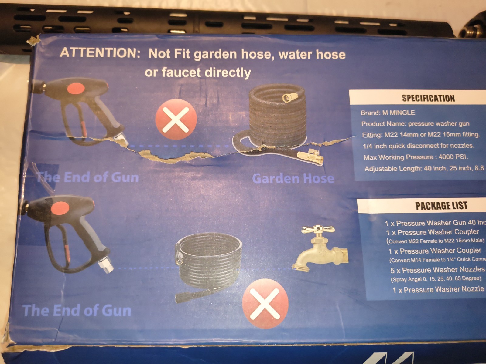 Pressure Washer Gun 40″ Wand M22 14mm/15mm 4000 PSI 5 Nozzle Tips Kit