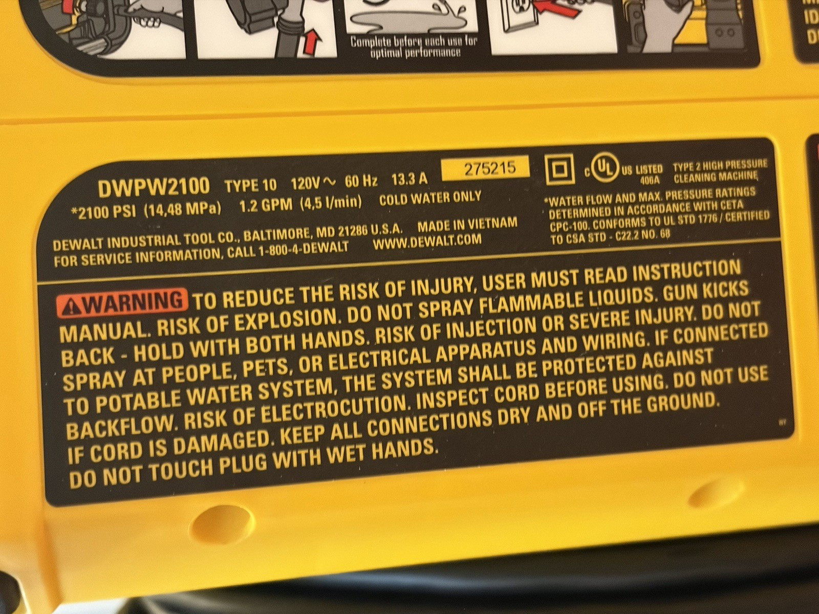 DEWALT Pressure Washer 2100PSI Electric Cold Water DWPW2100