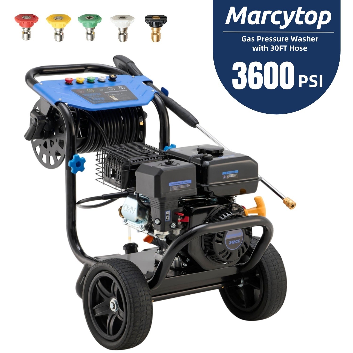 EFURDEN Gas Pressure Washer 3600 PSI 2.3 GPM with 5 Nozzle&Hose Reel&30ft Hose