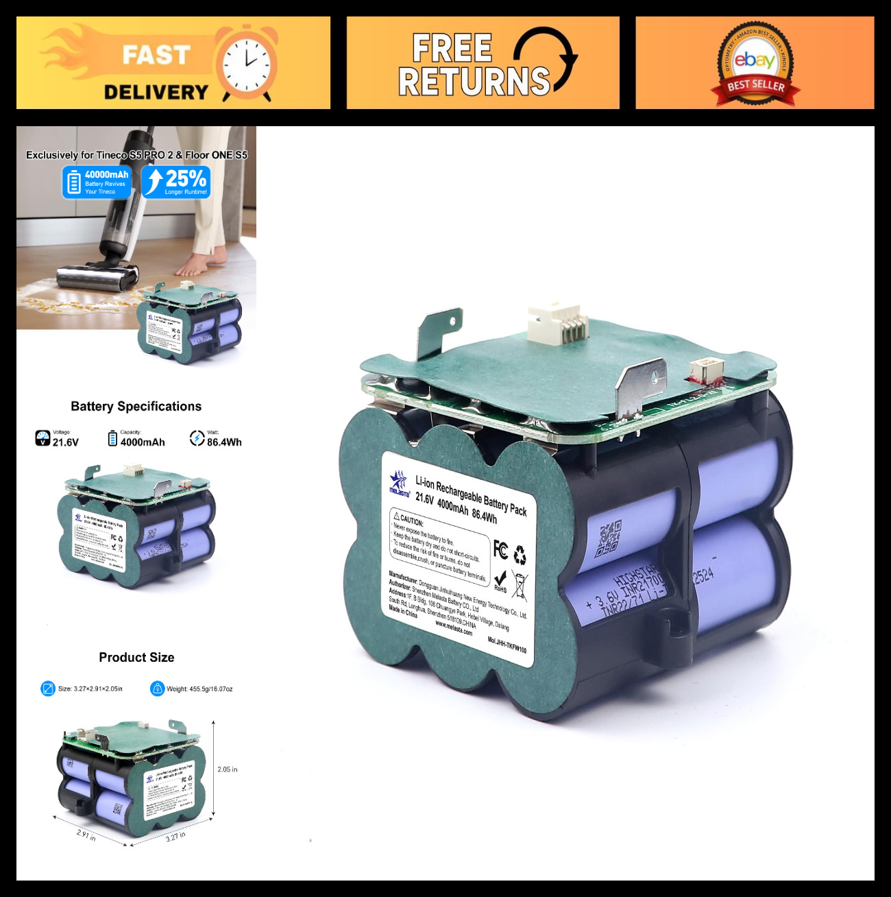 High-Capacity 21.6V 4000mAh Lithium Ion Battery for Tineco S5 PRO 2 & Floor ONE
