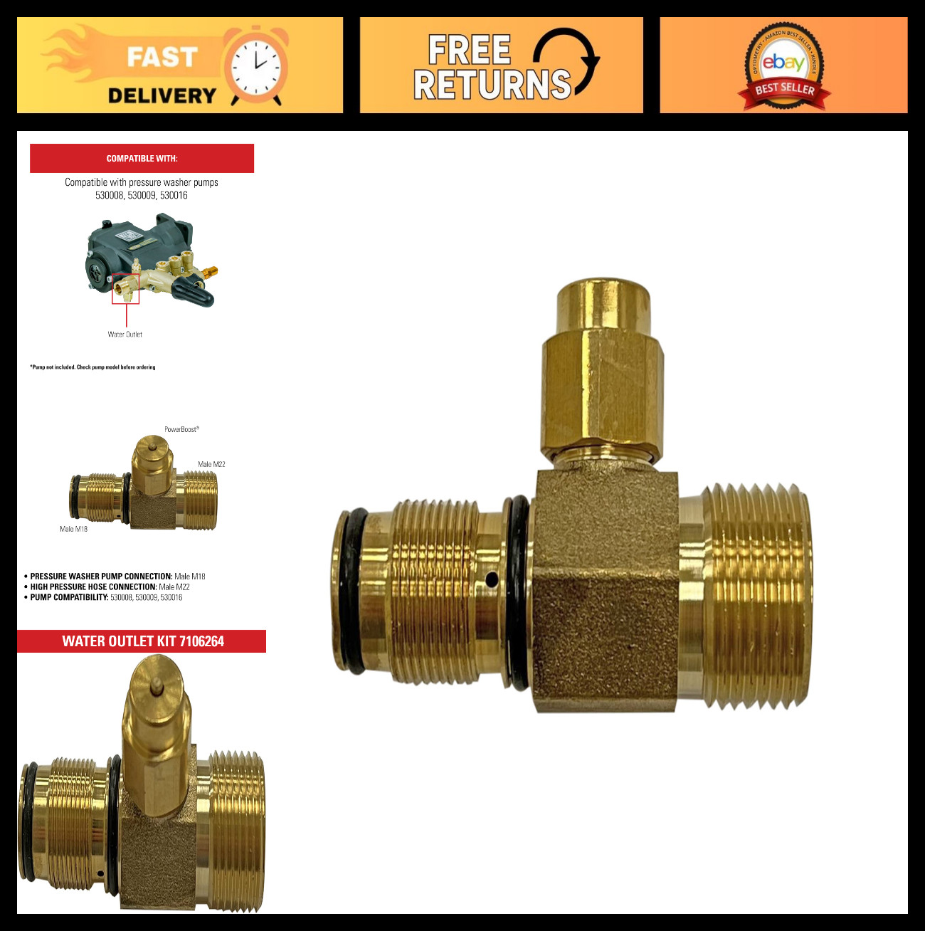 Replacement Water Outlet Kit for AAA Pressure Washer Pumps, M22 Connector, Gold
