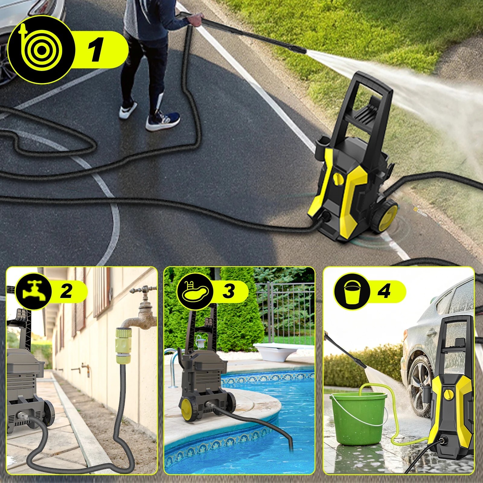Gisam 180Bar 2200W Electric High Pressure Washer Car Washer Gun Garden Washing