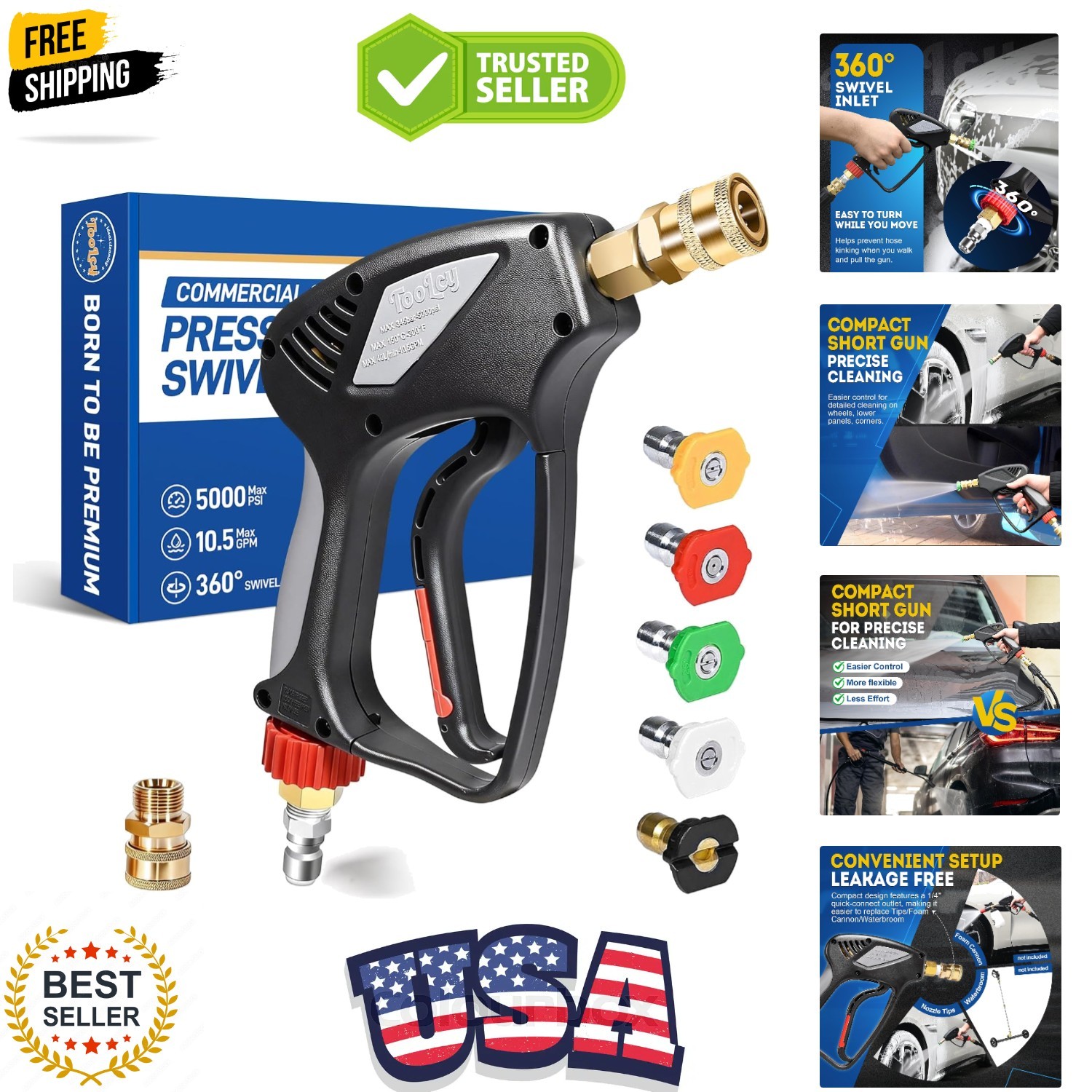 5000 PSI Pressure Washer Gun with Swivel Inlet, Short Power Washer Gun with N…