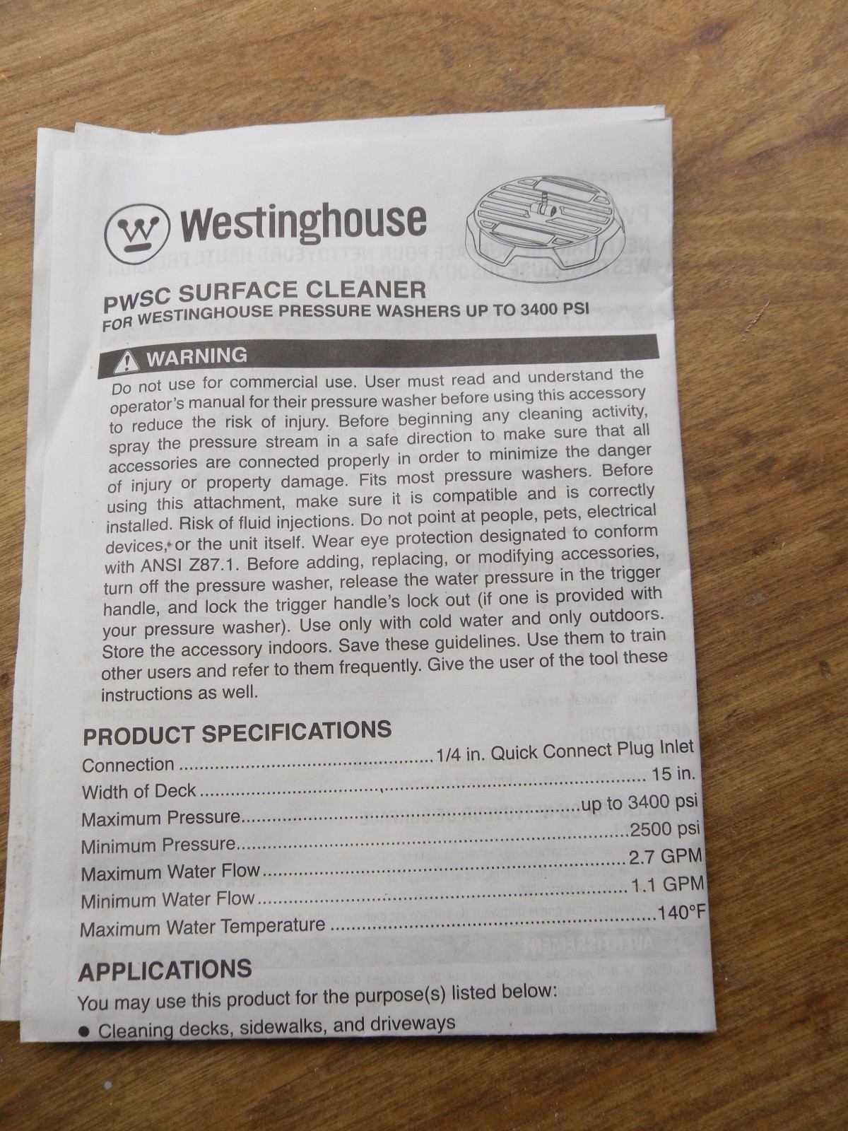 Westinghouse Pressure Washer Surface Cleaner 15in 3400 PSI 1/4in Quick Connect