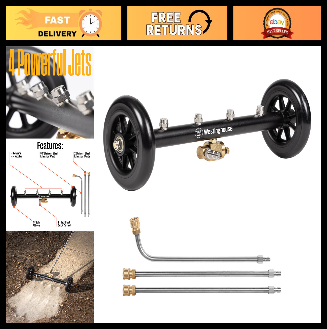 16″ Pressure Washer Undercarriage Cleaner & Water Broom – 4400 PSI, 1/4″ Connect