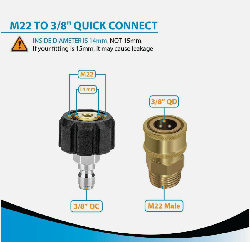 Pressure Washer Adapter Set, M22 (M22-14MM) to 3/8” Quick Connect (2 Pack)