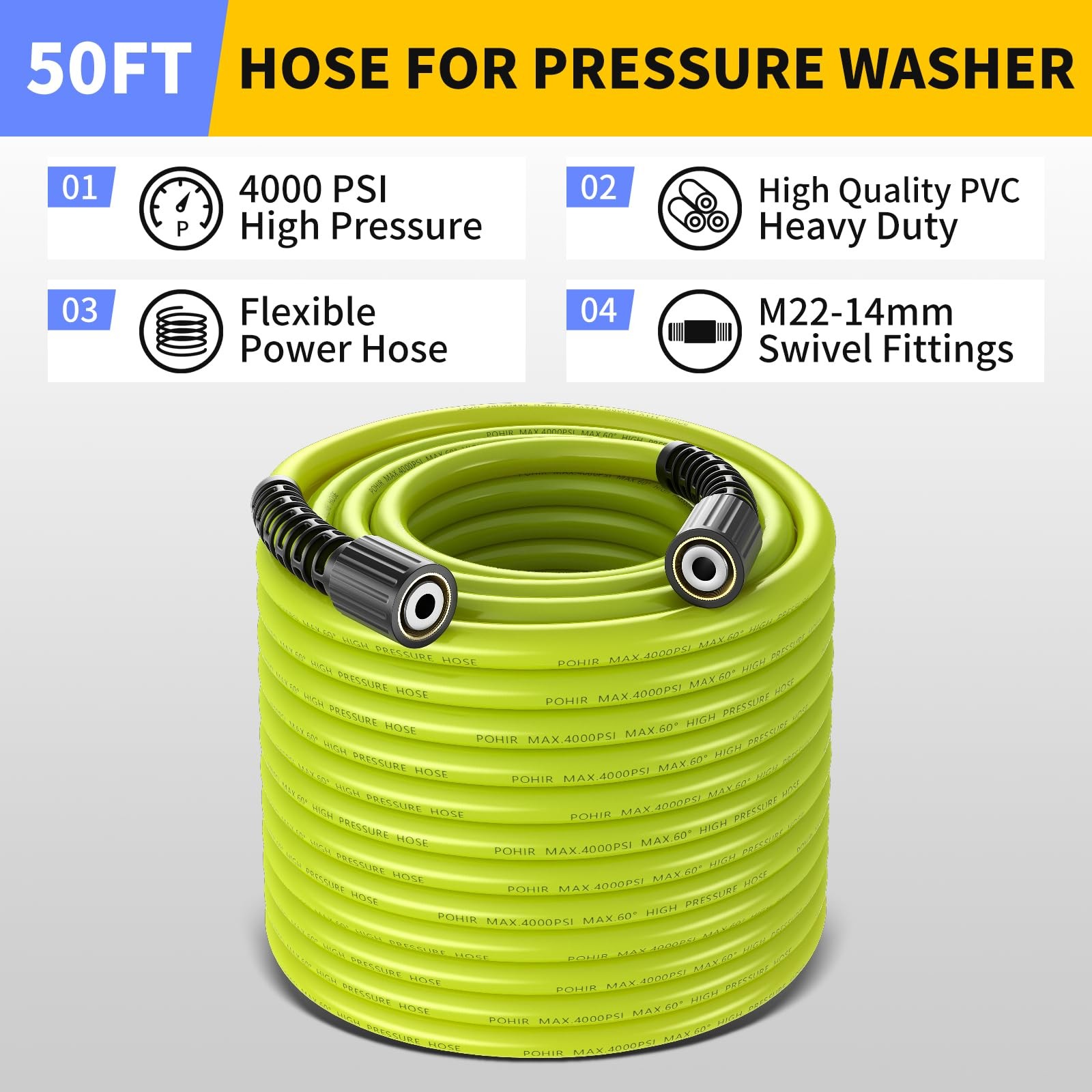 Pressure Washer Gun with Foam Cannon & 50ft Power Washer Hose, 3600PSI Pressu…