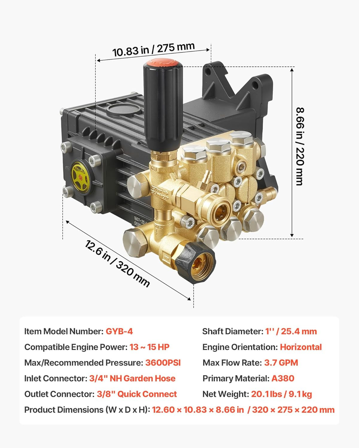 Pressure Washer Pump, 1″ Shaft Horizontal Triplex Plunger, 3600 PSI, 3.7 GPM, Re
