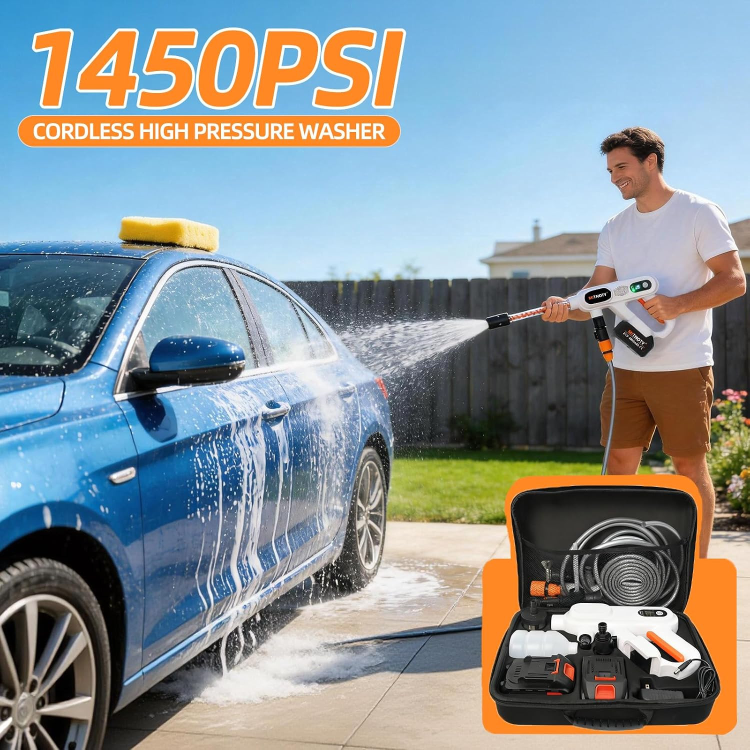 Portable Cordless Washer, 1450 MAX PSL Handheld Car Washer with 5-In-1Nozzle, 3