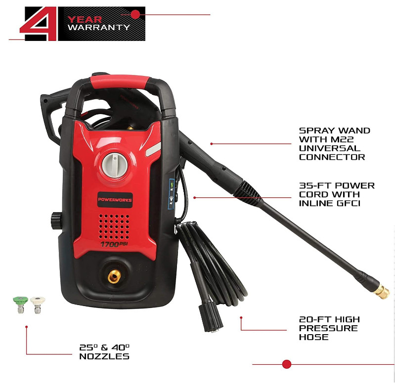 Maquina de lavado a presion electrica 1700PSI-1,2GPM-13amps, 20 pies, 3 boquilla