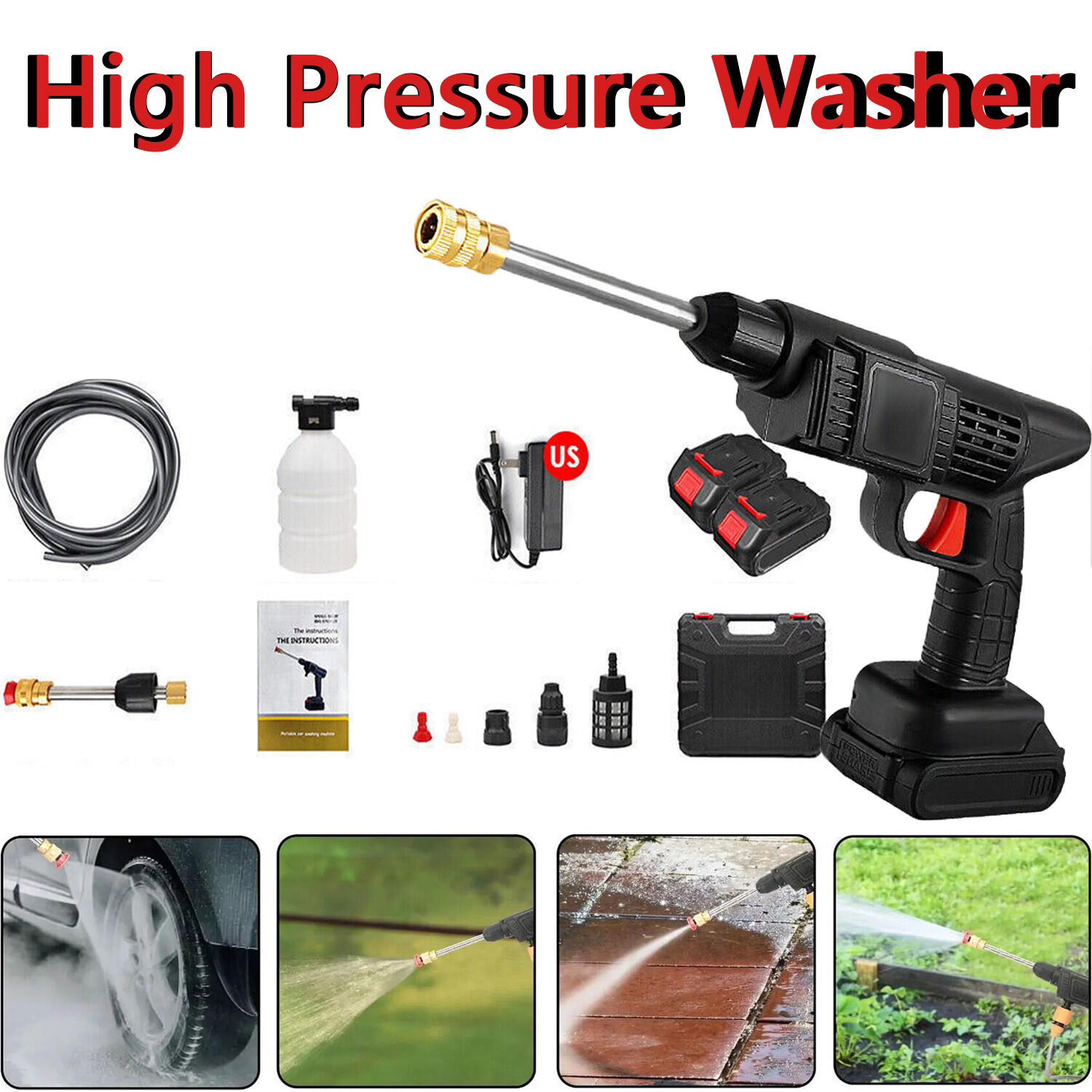 Cordless Water Spray Gun Portable High Pressure Car Washer Cleaner W/ 2 Battery