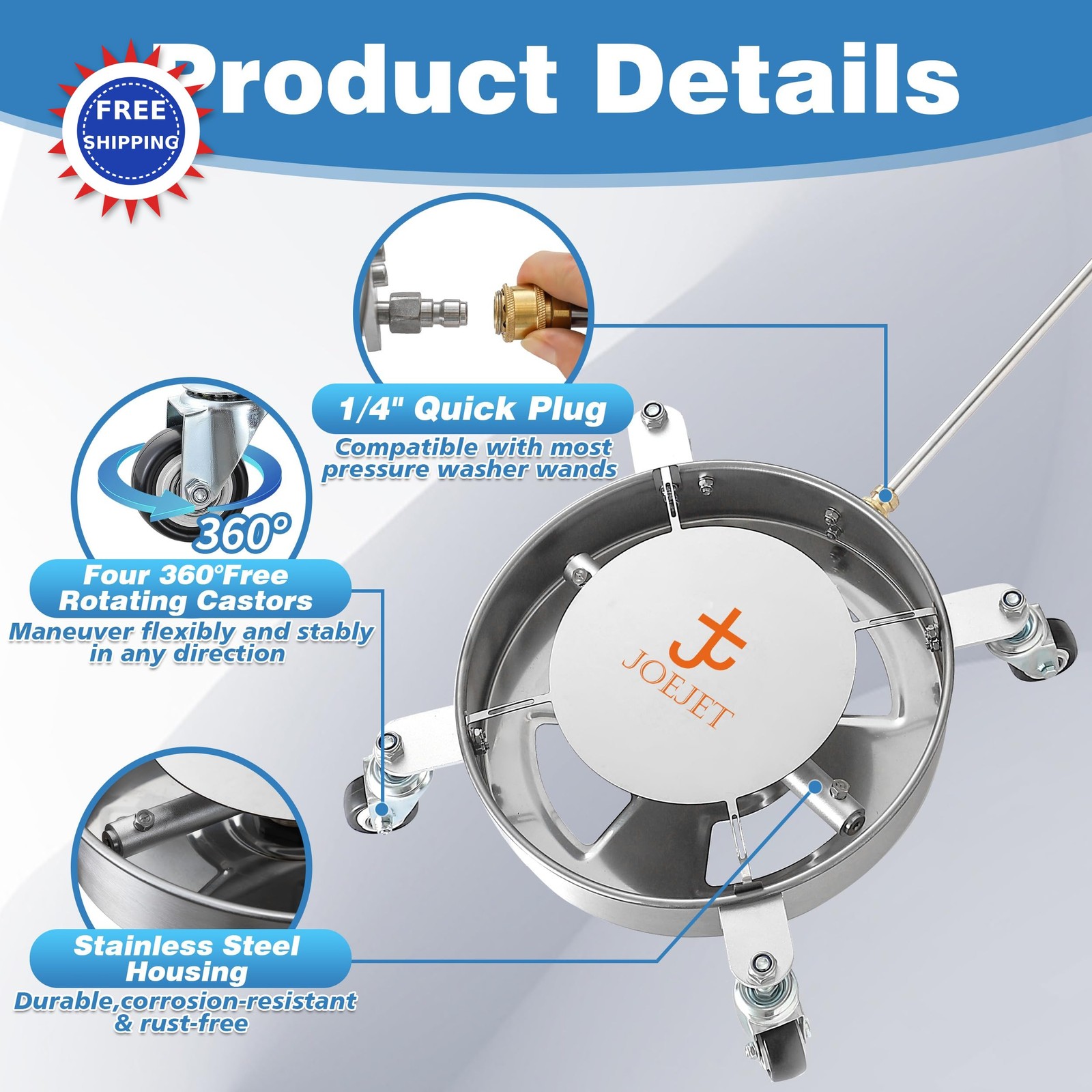 Undercarriage Pressure Washer Attachment 14 Inch JOEJET Cleaner Wheels Power