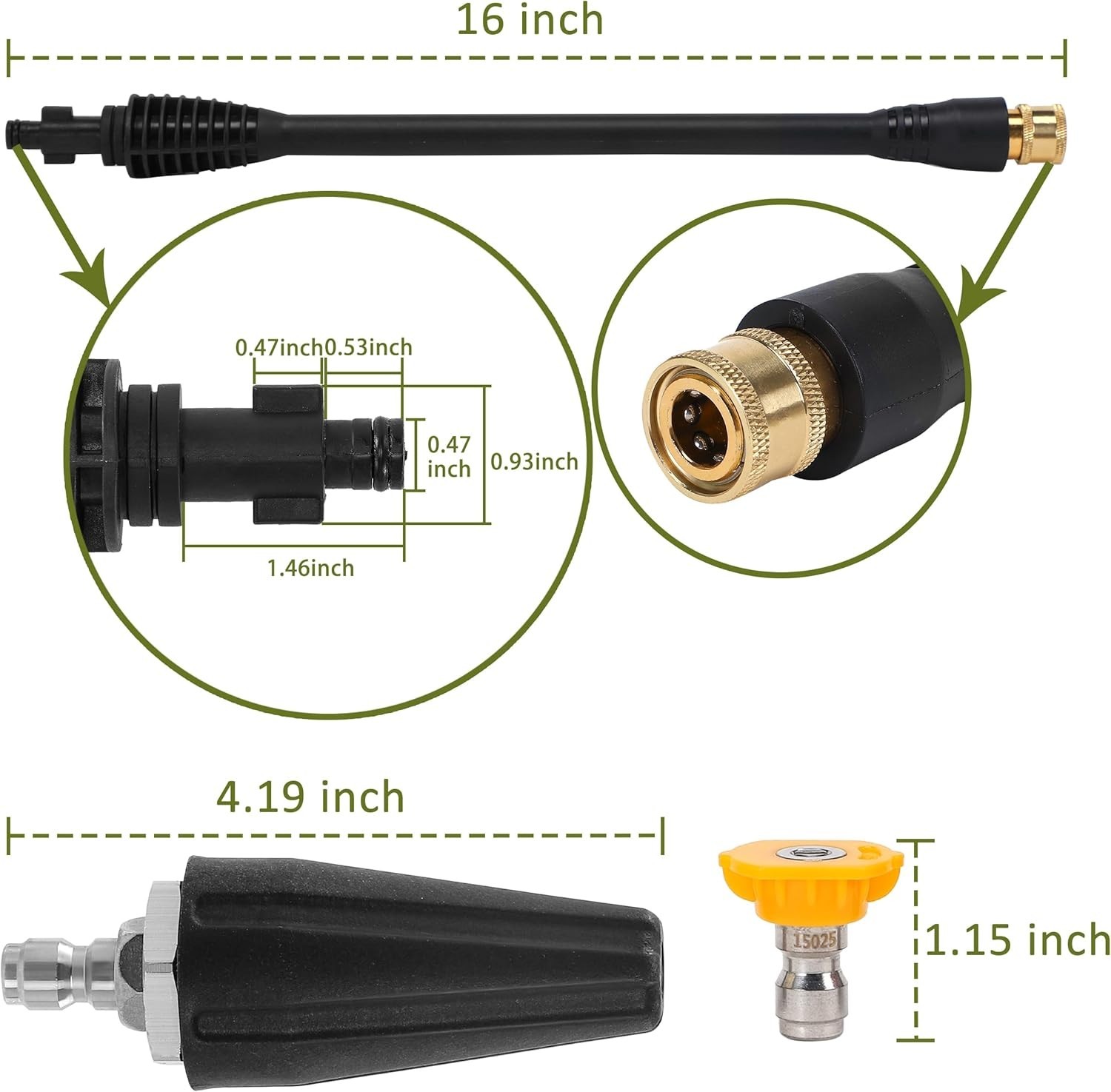 Durable 16-Inch Pressure Washer Accessories Set – Turbo Nozzle & 5 Tips Included