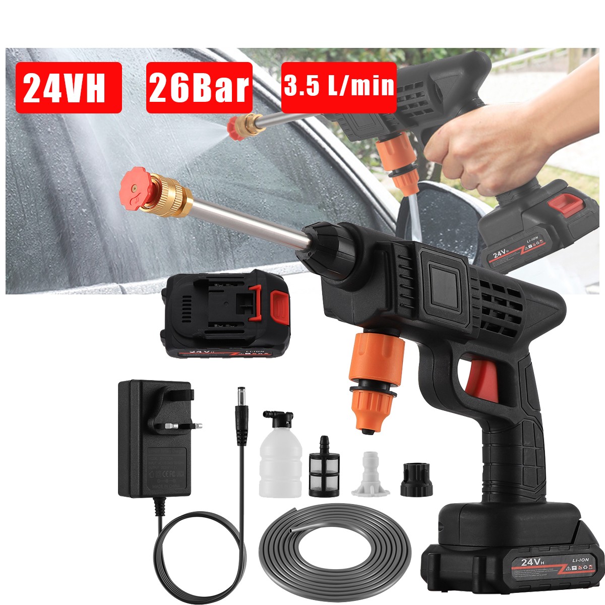 High Pressure Car Power Washer Gun Spray Wand Lance Nozzle and Hose Kit+2 Batter
